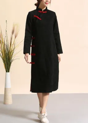 100% Stand Collar Chinese Button Spring Clothes Women Work Outfits Black A Line Dresses