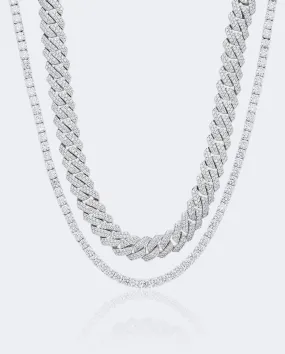 14mm Prong Link   5mm Tennis Chain Bundle - White Gold