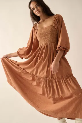 Autumn Sunset Smocked Midi Peasant Dress