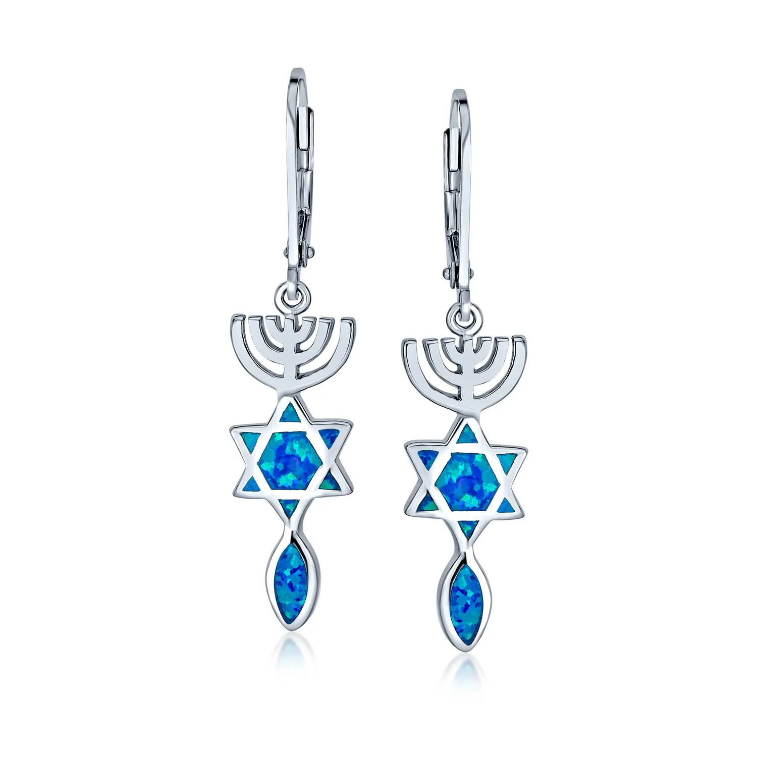 Blue Opal Judaica Hanukkah Star Of David Drop Earrings .925 Sterling Silver