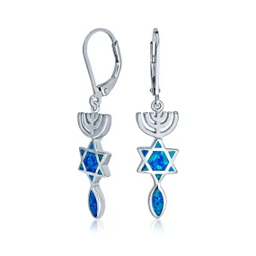 Blue Opal Judaica Hanukkah Star Of David Drop Earrings .925 Sterling Silver