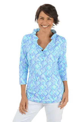 Blue Snake Hearts Ruffle Neck UPF50  Top