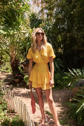 Canary Yellow Short Sleeve Ruffle Mini Dress