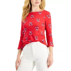 Charter Club Floral-Print Quarter-Sleeve Cotton Top Medium