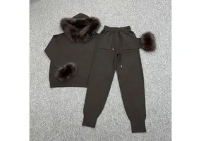 Chocolate Faux Fur Trim Hood & Cuff Tracksuit