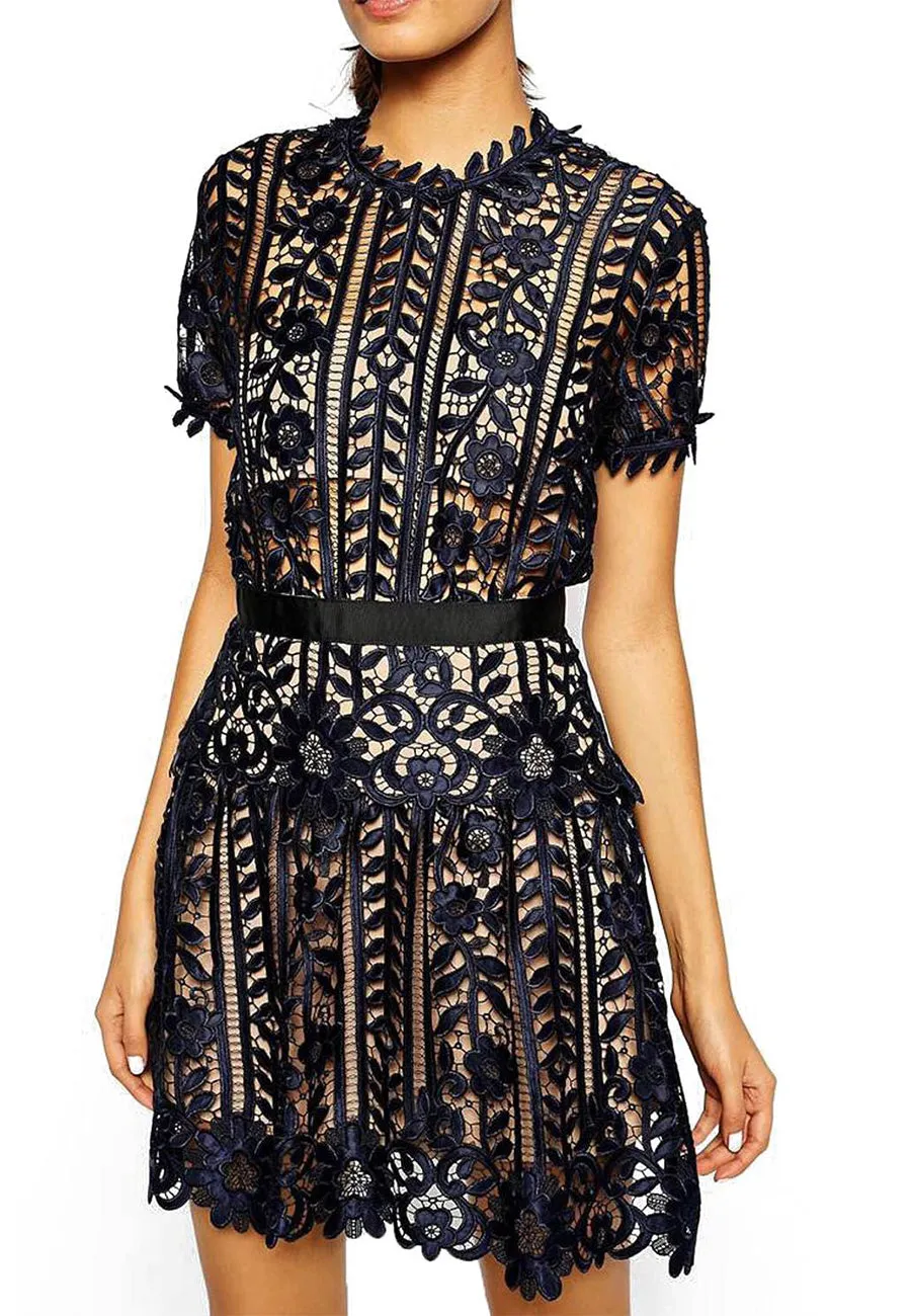 Dark Navy Amarylis Short Sleeves Lace Mini Dress (UK 12)