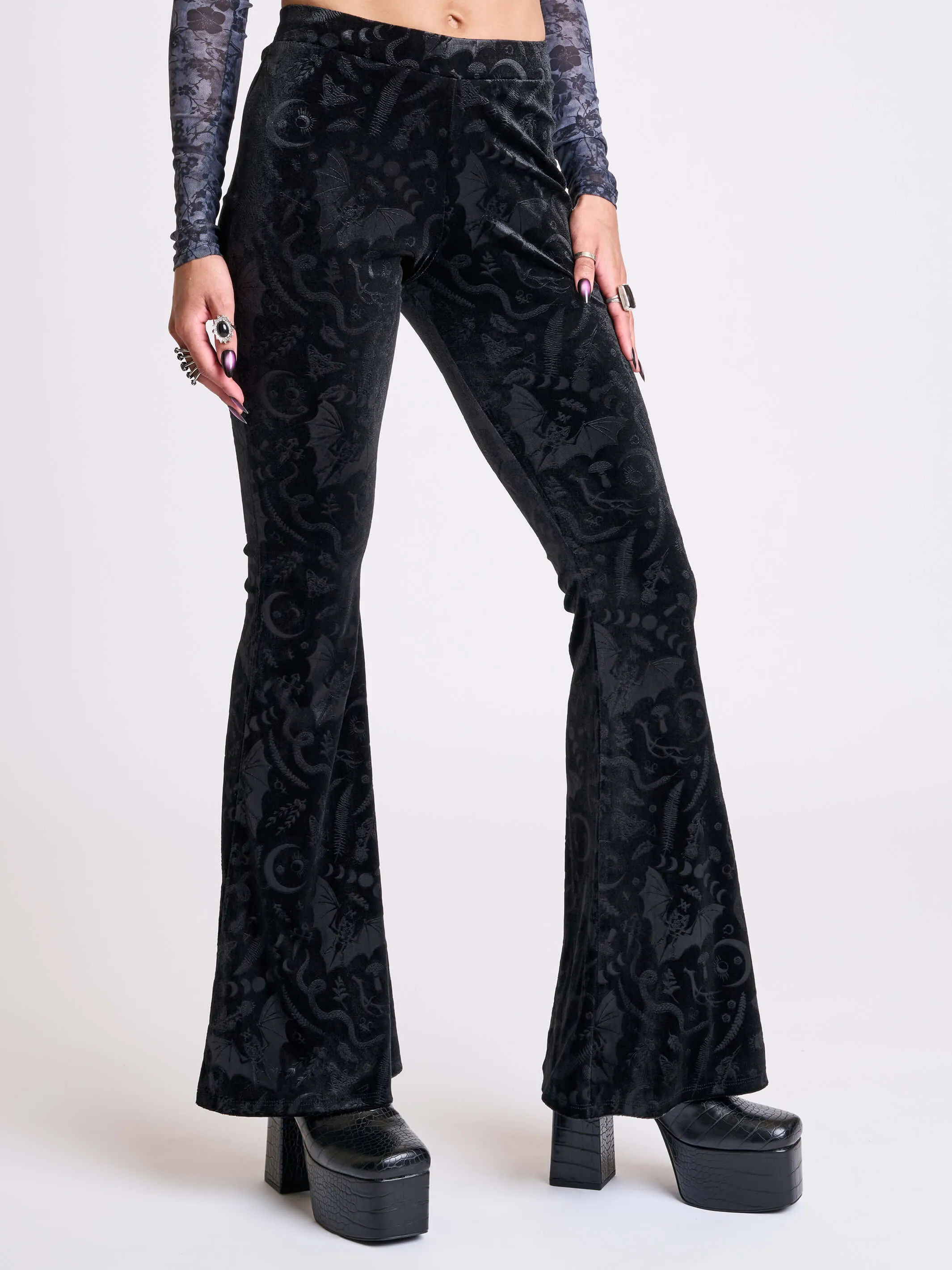 Embossed Black Velvet Flared Legging