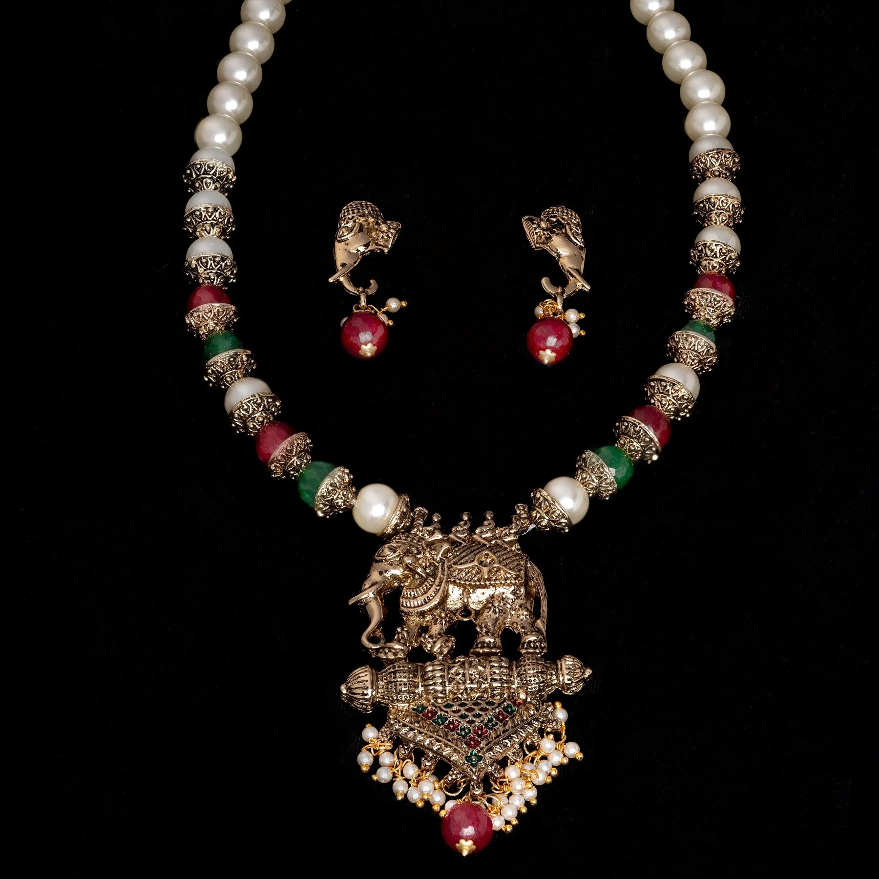 Estele Gold Plated Antique Adorable Elephant Pearl Necklace Set with Beads & Enamel for Women