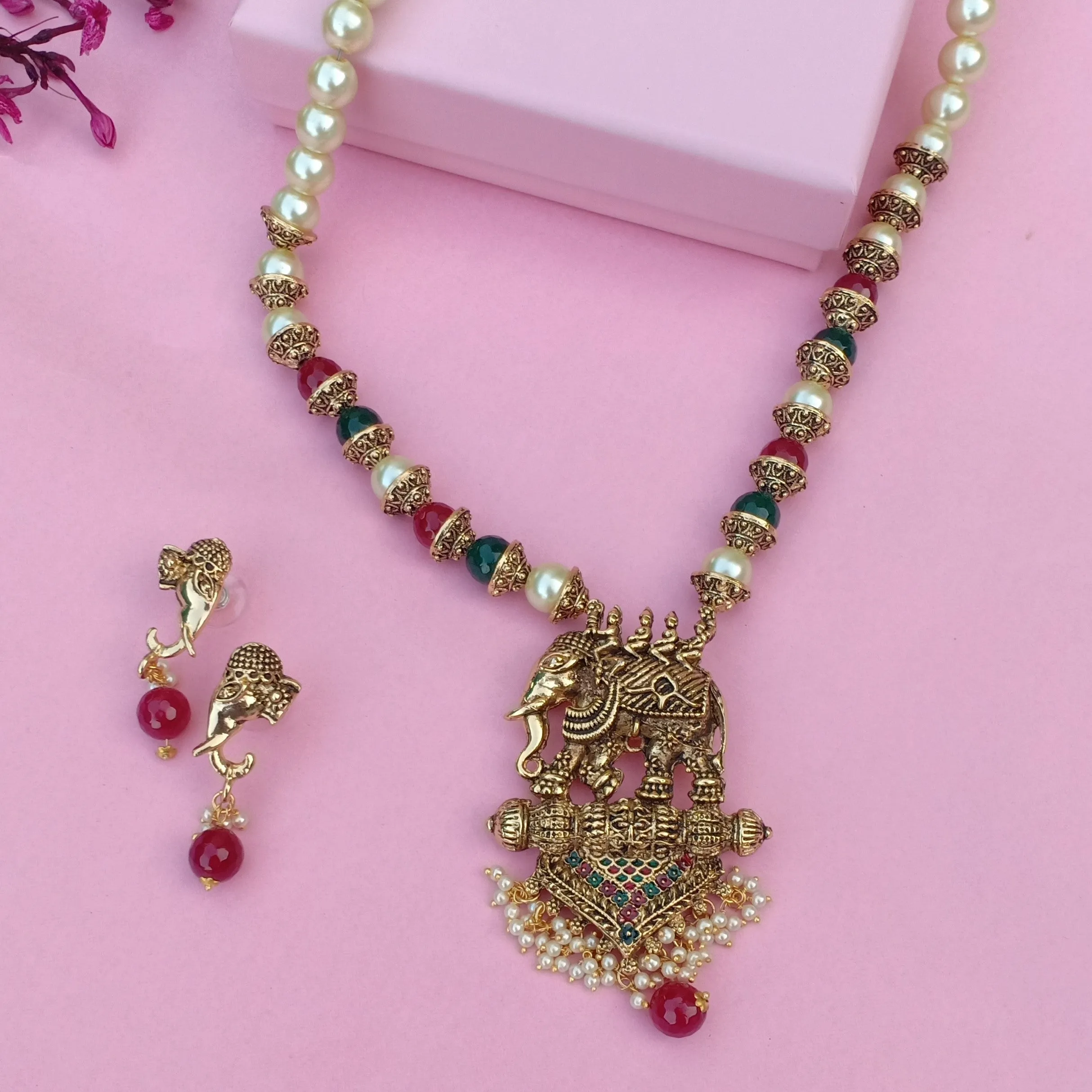 Estele Gold Plated Antique Adorable Elephant Pearl Necklace Set with Beads & Enamel for Women