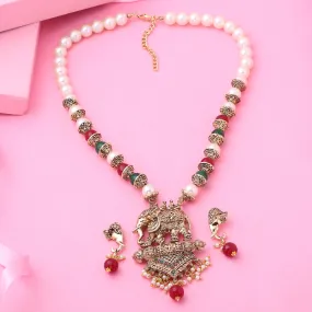 Estele Gold Plated Antique Adorable Elephant Pearl Necklace Set with Beads & Enamel for Women