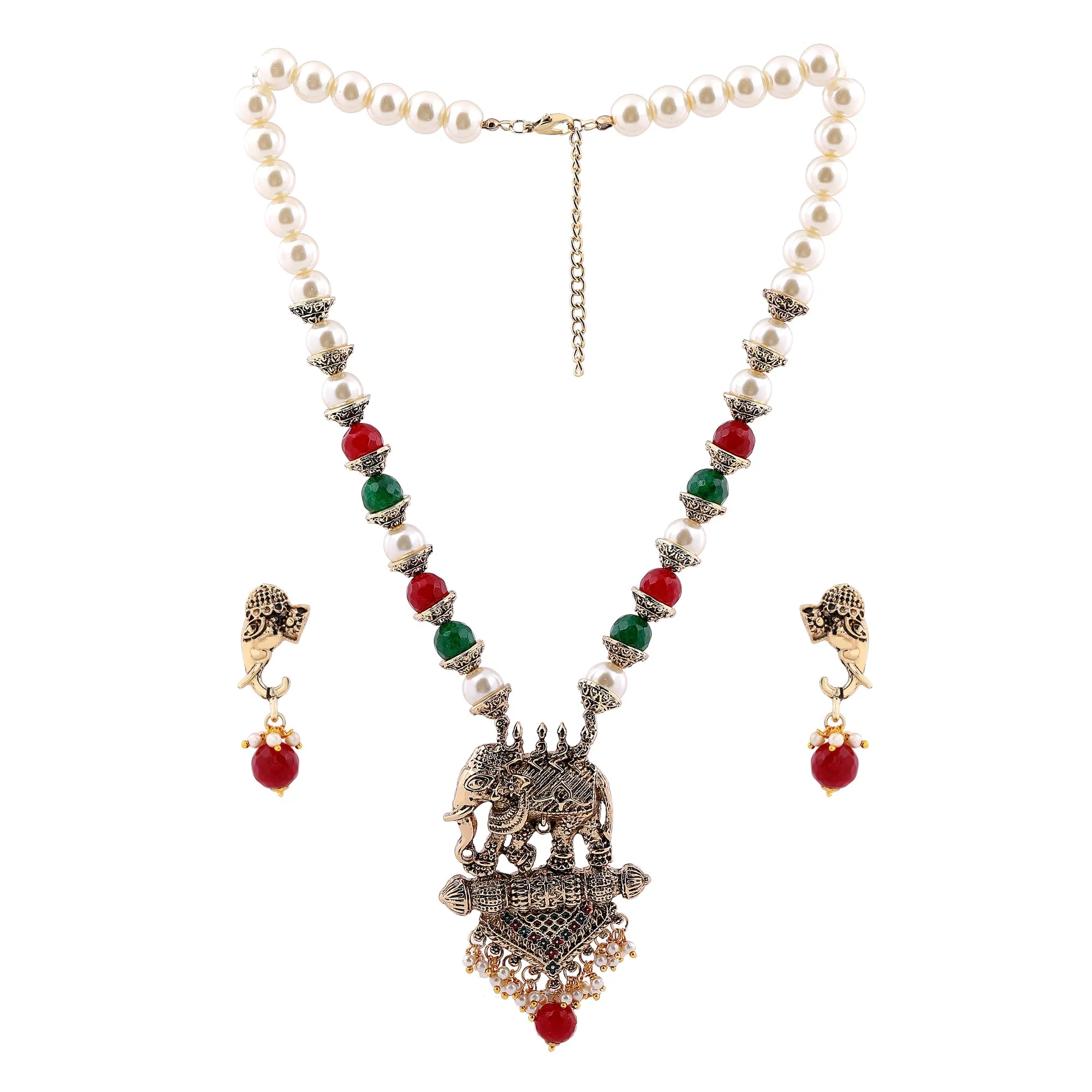 Estele Gold Plated Antique Adorable Elephant Pearl Necklace Set with Beads & Enamel for Women