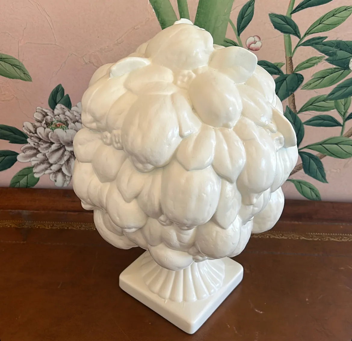 Extra large vintage lemon topiary painted all white in a ceramic material.