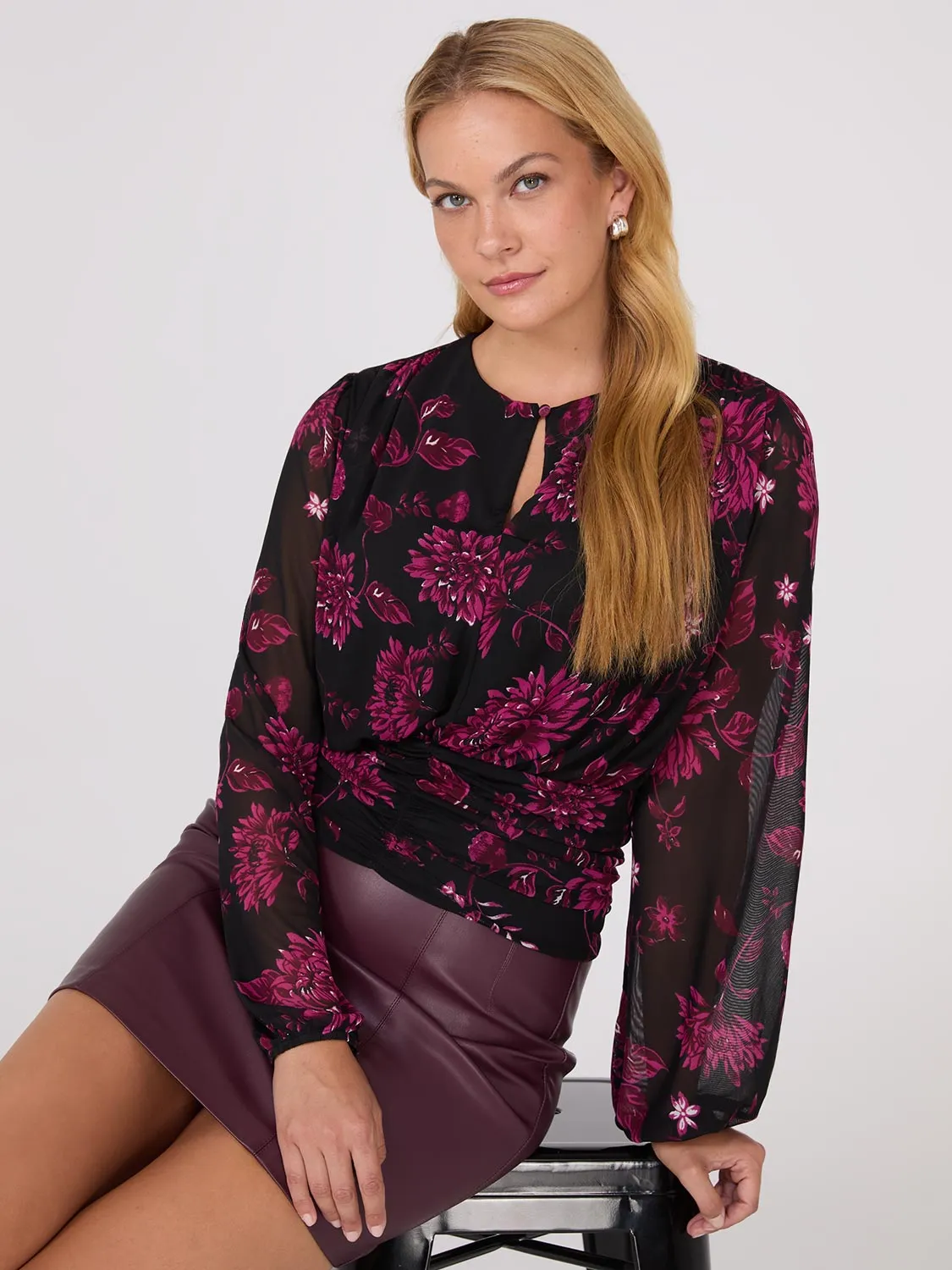 Floral Print Mesh Top With Ruched Waistband