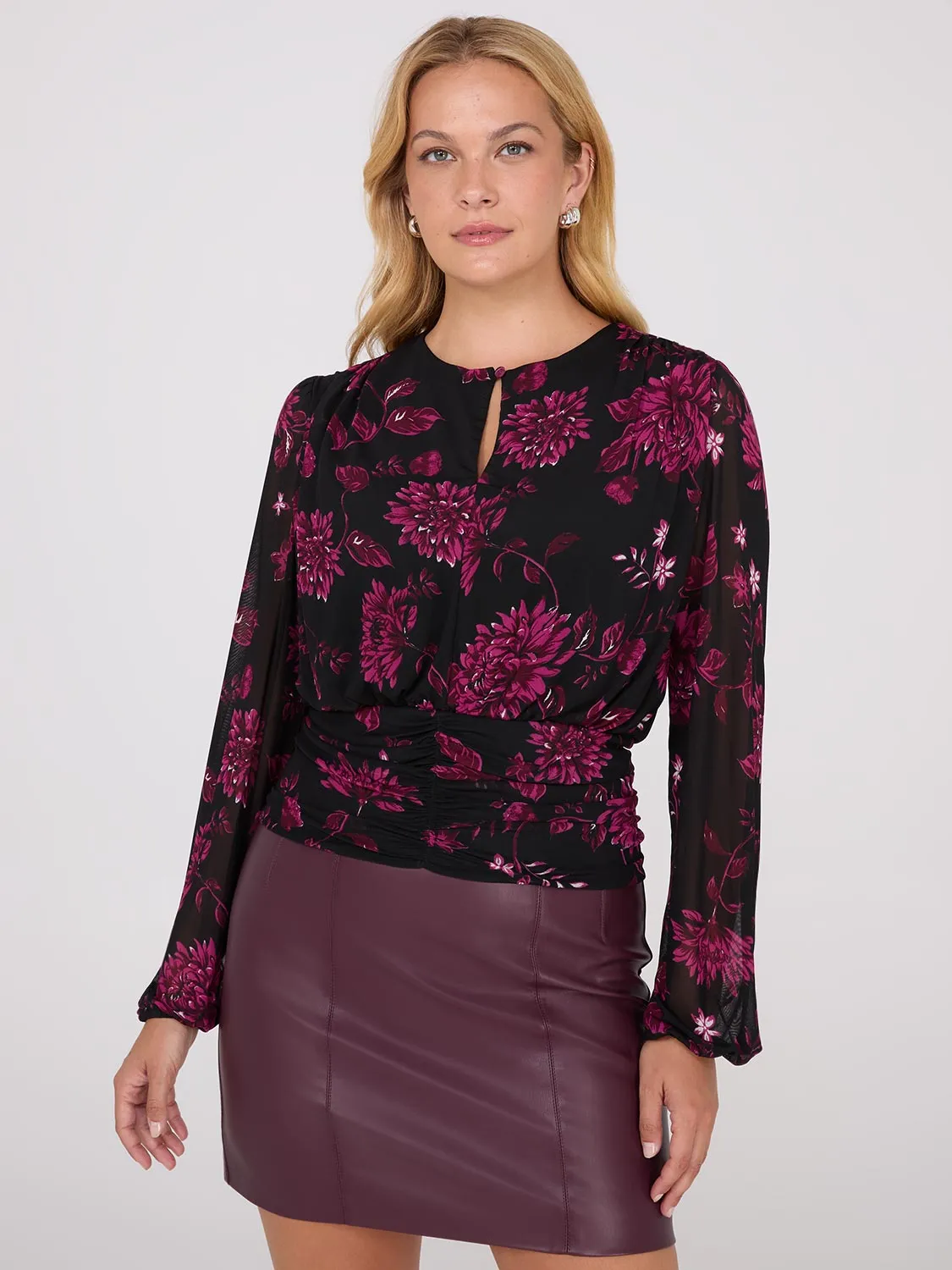 Floral Print Mesh Top With Ruched Waistband