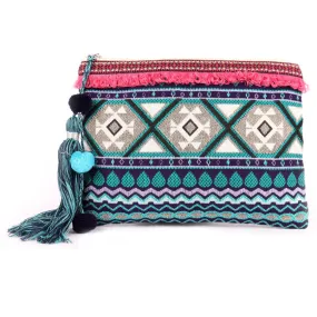 Green With Blue Colour Multi Pattern Woven Makeup/Travel Pouch With Tassels