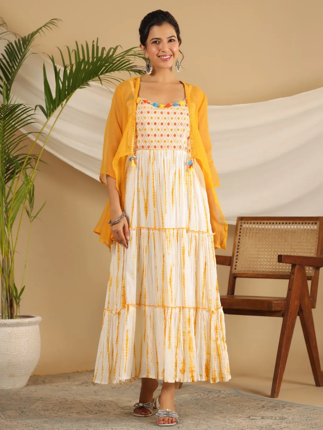 Juniper Mustard Tie-Dye Tiered & Layered Pure Cotton Dress With Mirror Work Embroidery