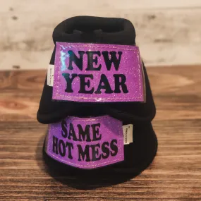 Large "New Year Same Hot Mess" Black Iconoclast Bells w/ Lavender Glitter