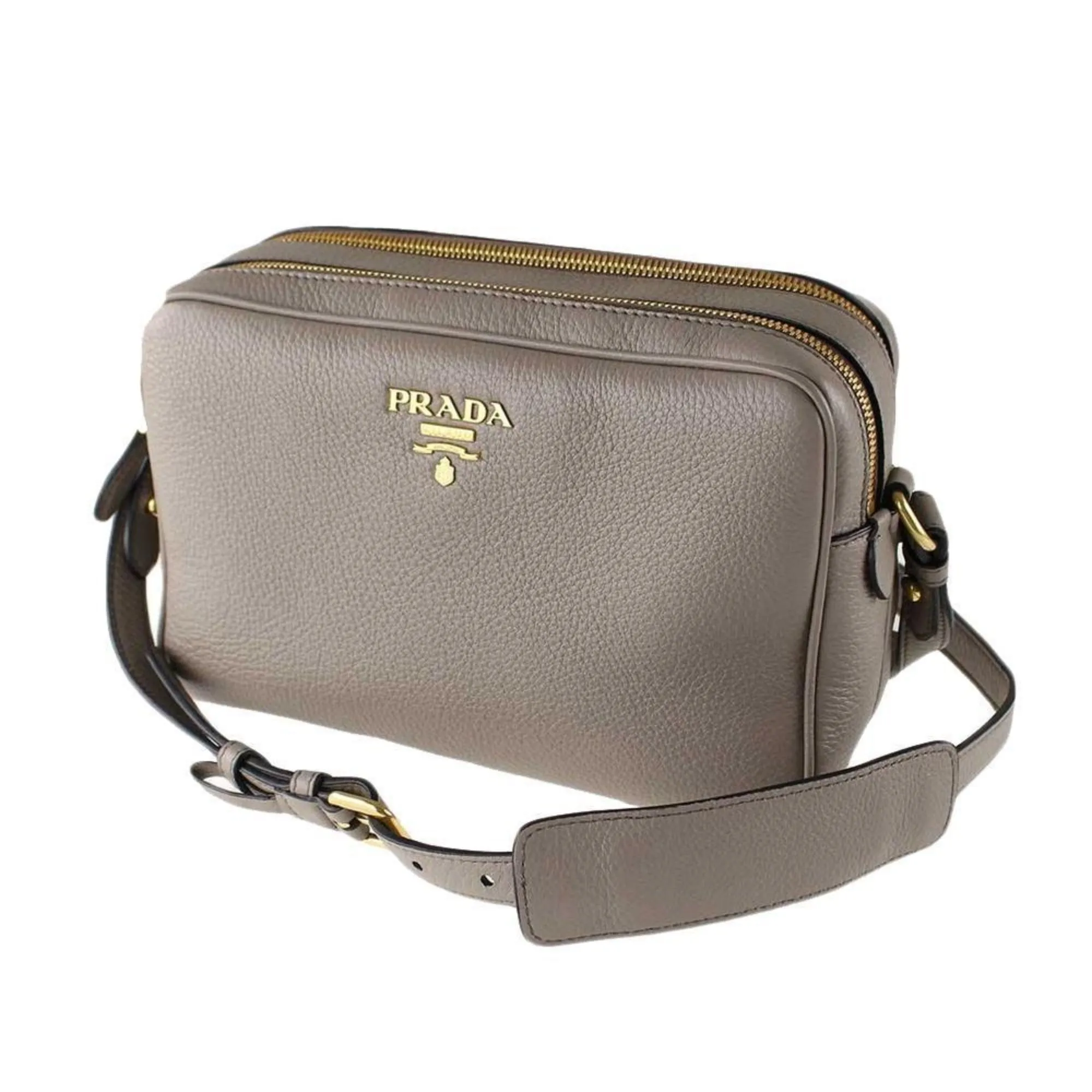 Prada Argilla Grey Vitello Phenix Leather Double Zip Cross Body Bag