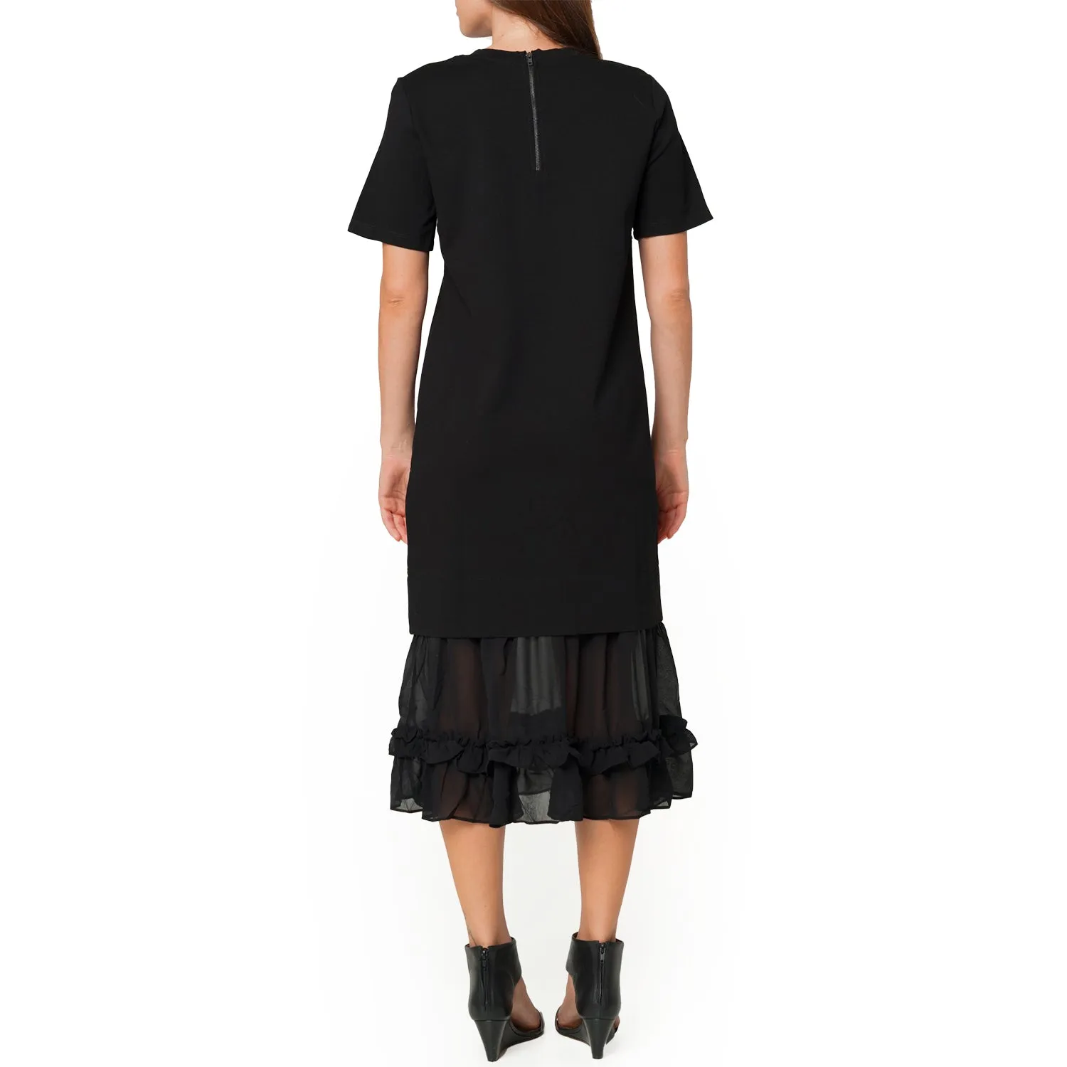 Sheer Contrast Ruffle Hem Midi Dress In Black