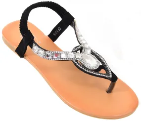 Sparkly Rhinestone Elastic Strap Thong Flat Slingback Sandal