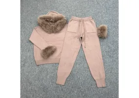 Taupe Faux Fur Trim Hood & Cuff Tracksuit